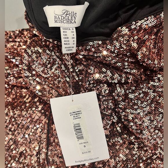 BELLE BADGLEY MISCHKA Juliana Copper Sequin Long Sleeve Mini Dress - Picture 5 of 12